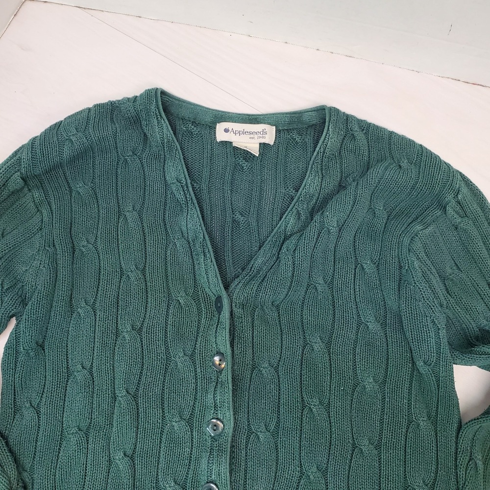Appleseeds Women Forest Green 100% Cotton Cable Knit Cardigan M Grandmacore Boho